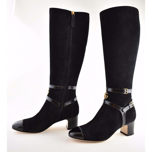 Gucci Geraldine 55 Black Suede Patent GG Gold Logo Low Heel Knee High Boot 35 - Picture 10 of 12